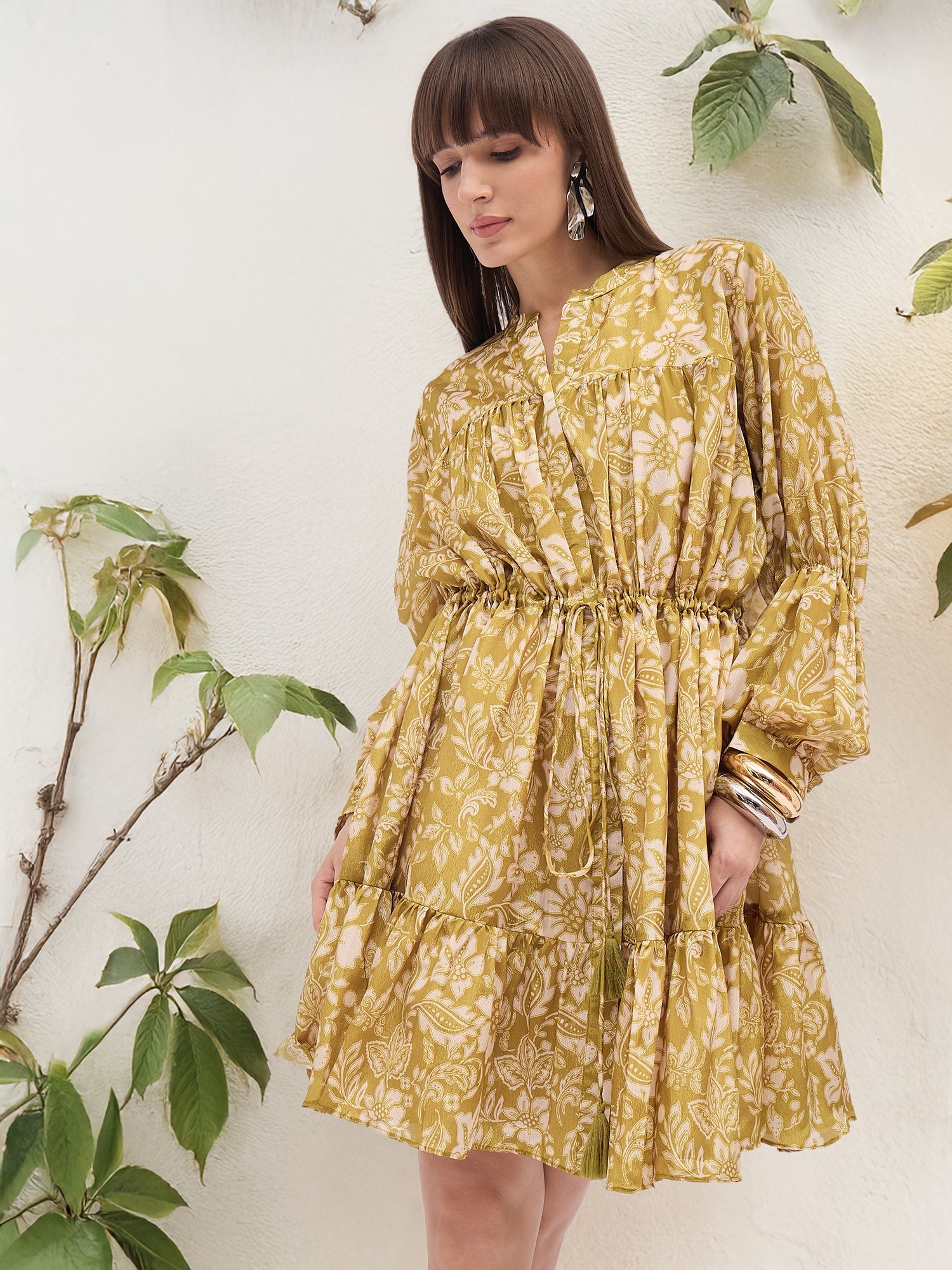 Multi Polyester Printed Ballon Sleeves Floral Dress