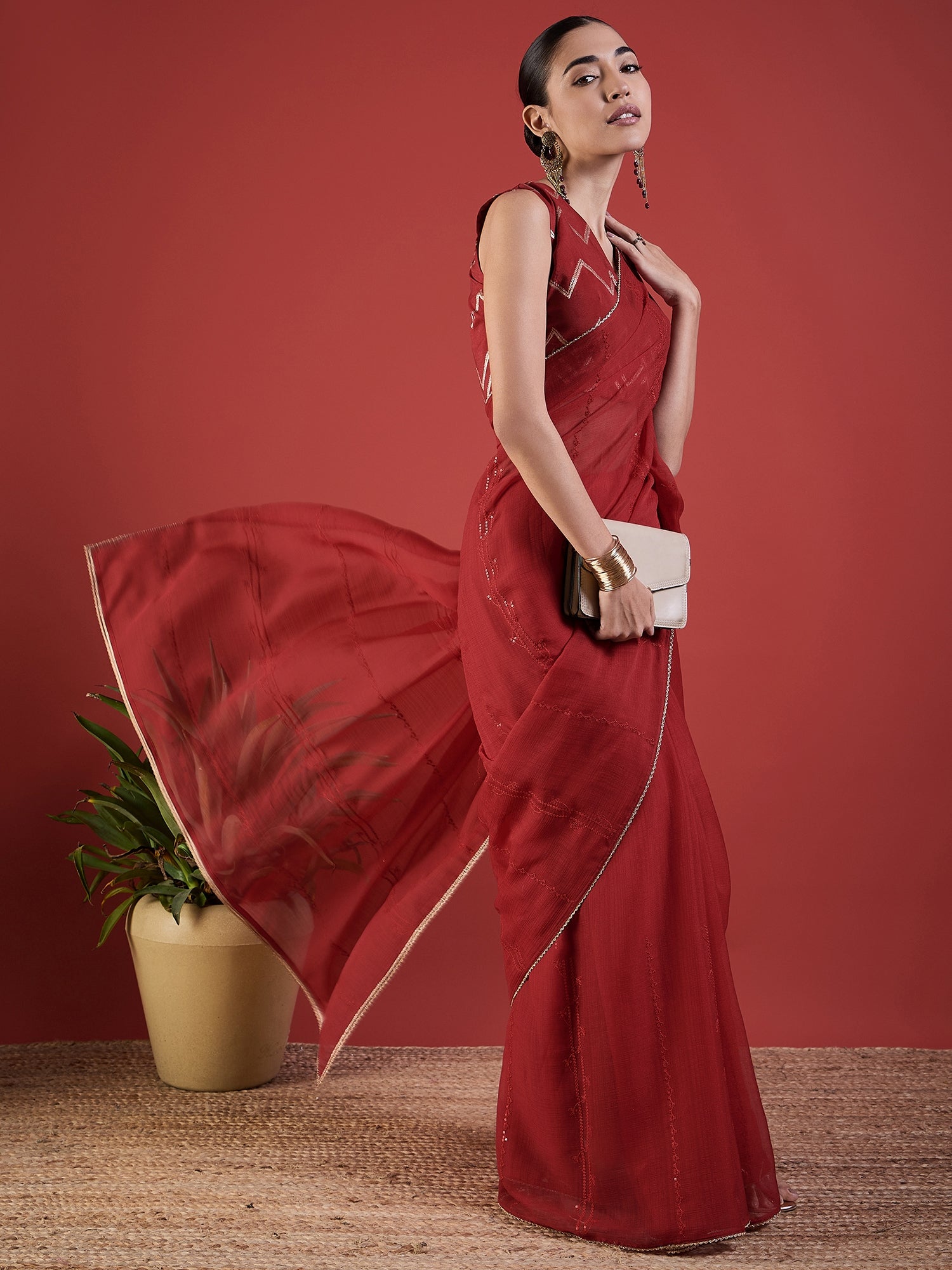 Red Pure Chiffon Sequence Embroidery With Embellished Lace Saree with Unstitched Fancy Blouse