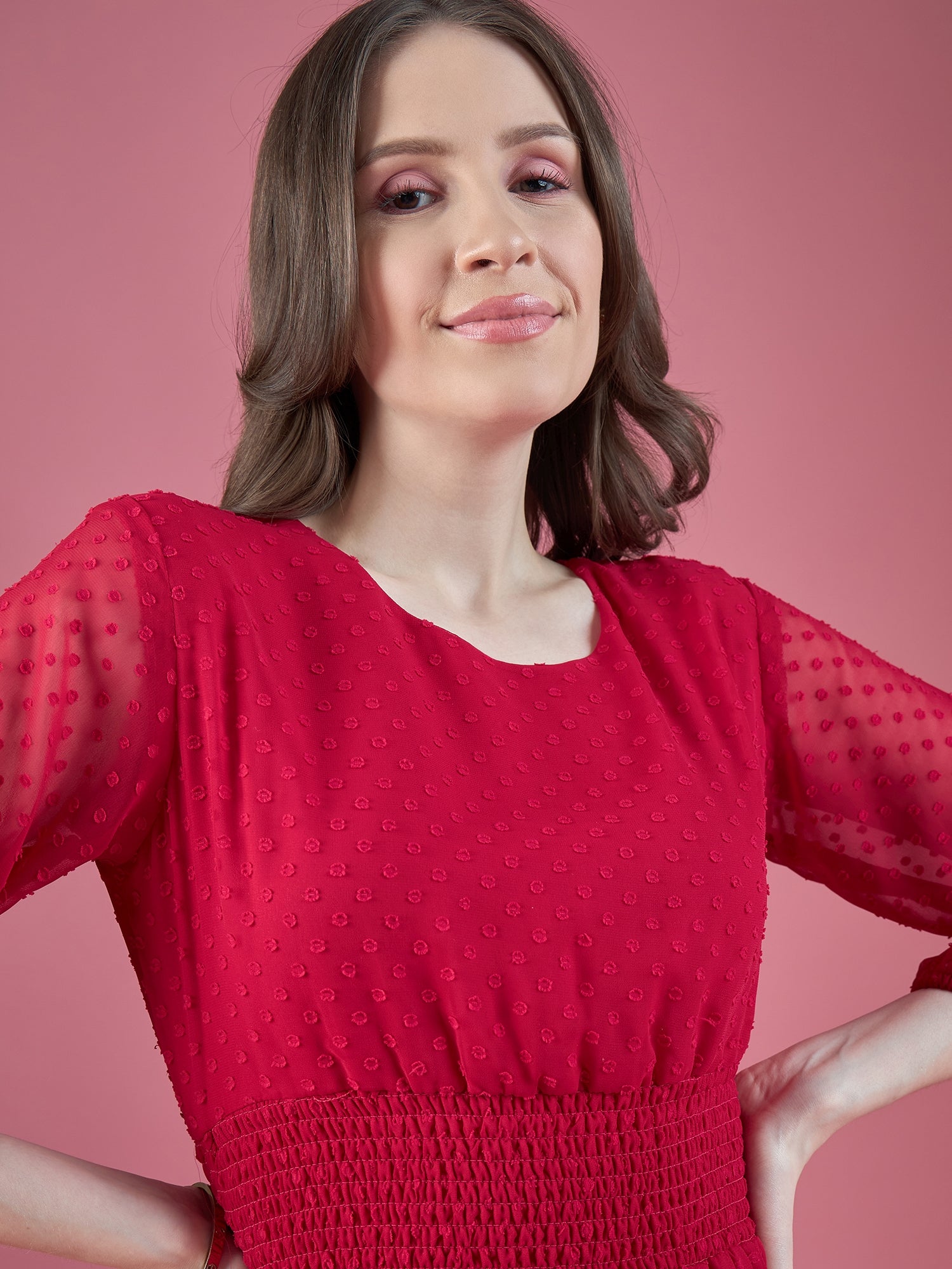 Magenta Georgette Embroidered Puff Sleeves Self Design Dress