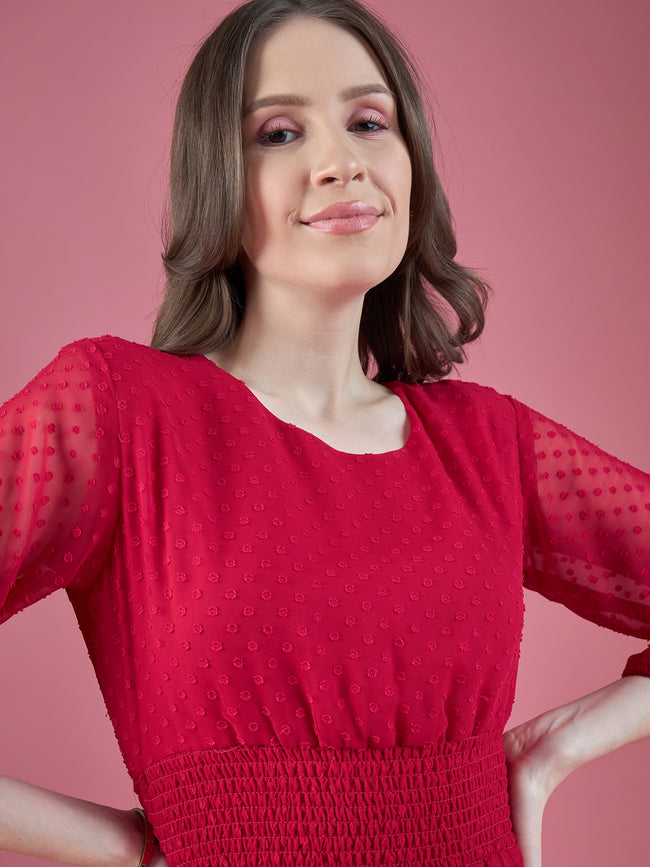 Magenta Georgette Embroidered Puff Sleeves Self Design Dress