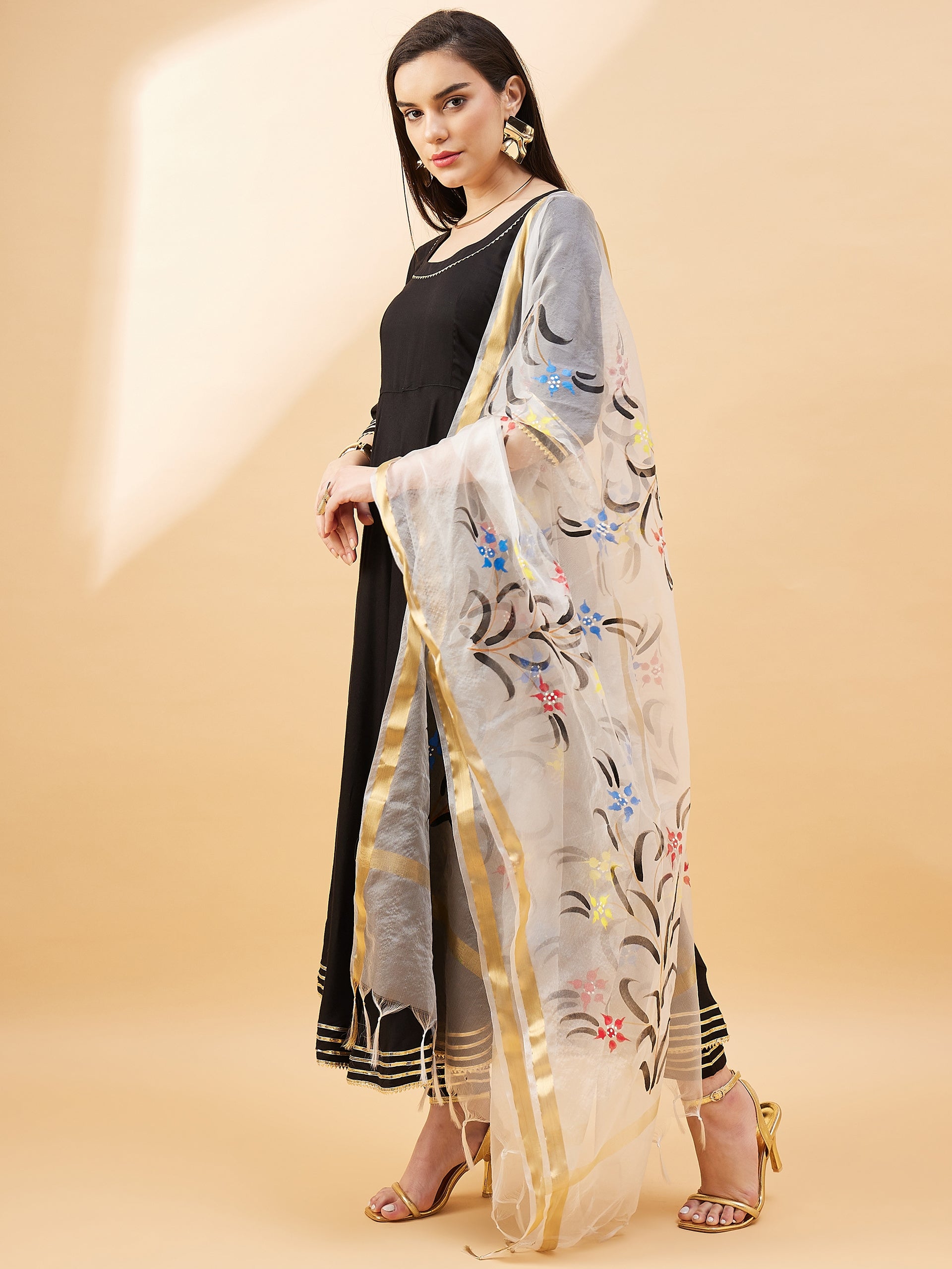 Black Pure Cotton  Printed  Anarkali Kurta  Trouser