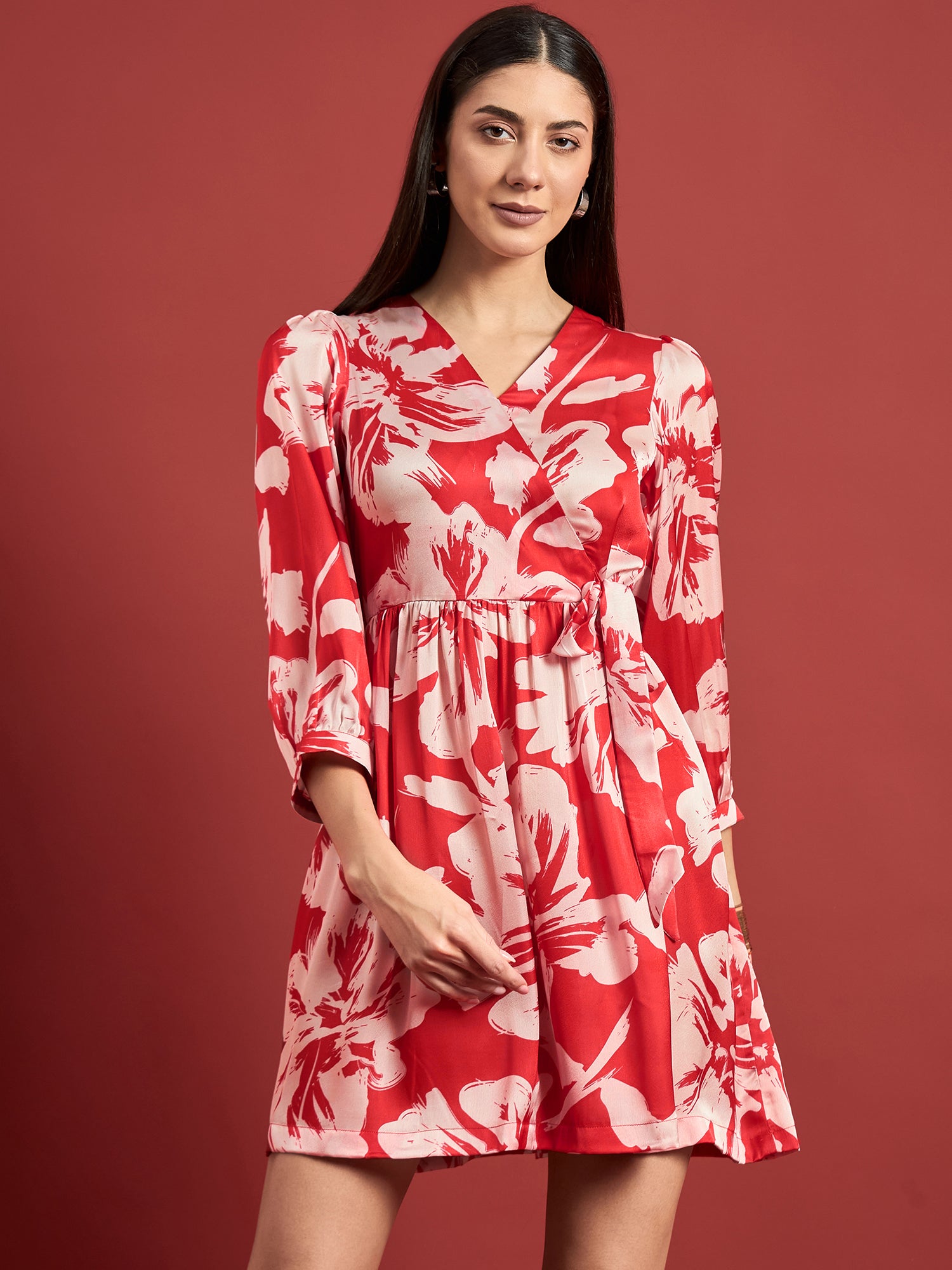 Red BLENDED Printed Puff Sleeves Floral Dress