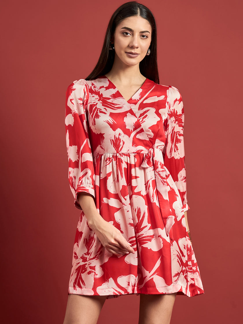 Red BLENDED Printed Puff Sleeves Floral Dress