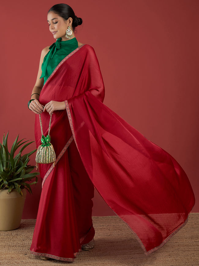 Maroon Satin Solid with Embllished Border Saree with Unstitched Fancy Blouse