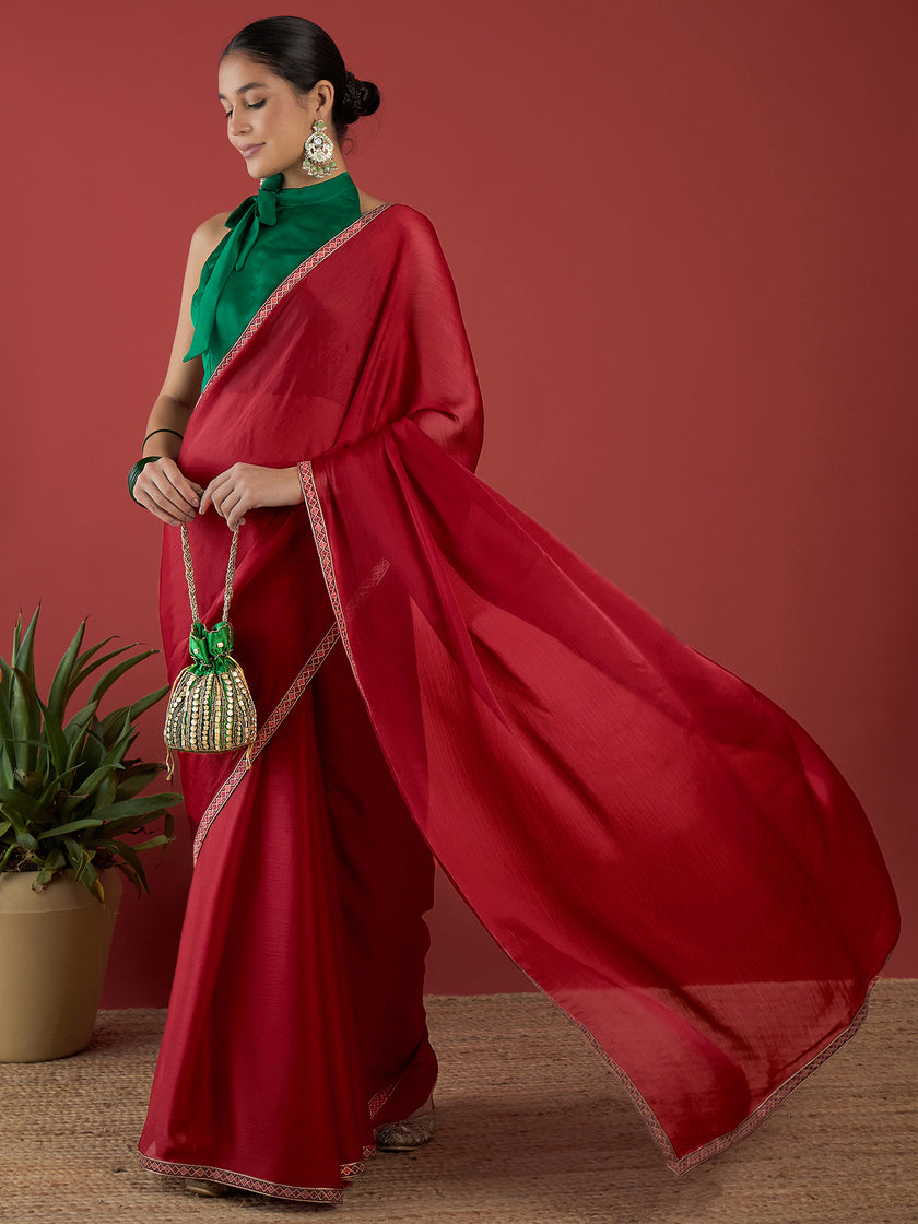 Maroon Satin Solid with Embllished Border Saree with Unstitched Fancy Blouse