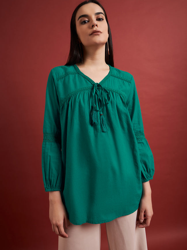 Green Pure Cotton Self Design Tie-Ups Puff Sleeves Ethnic Print Tops