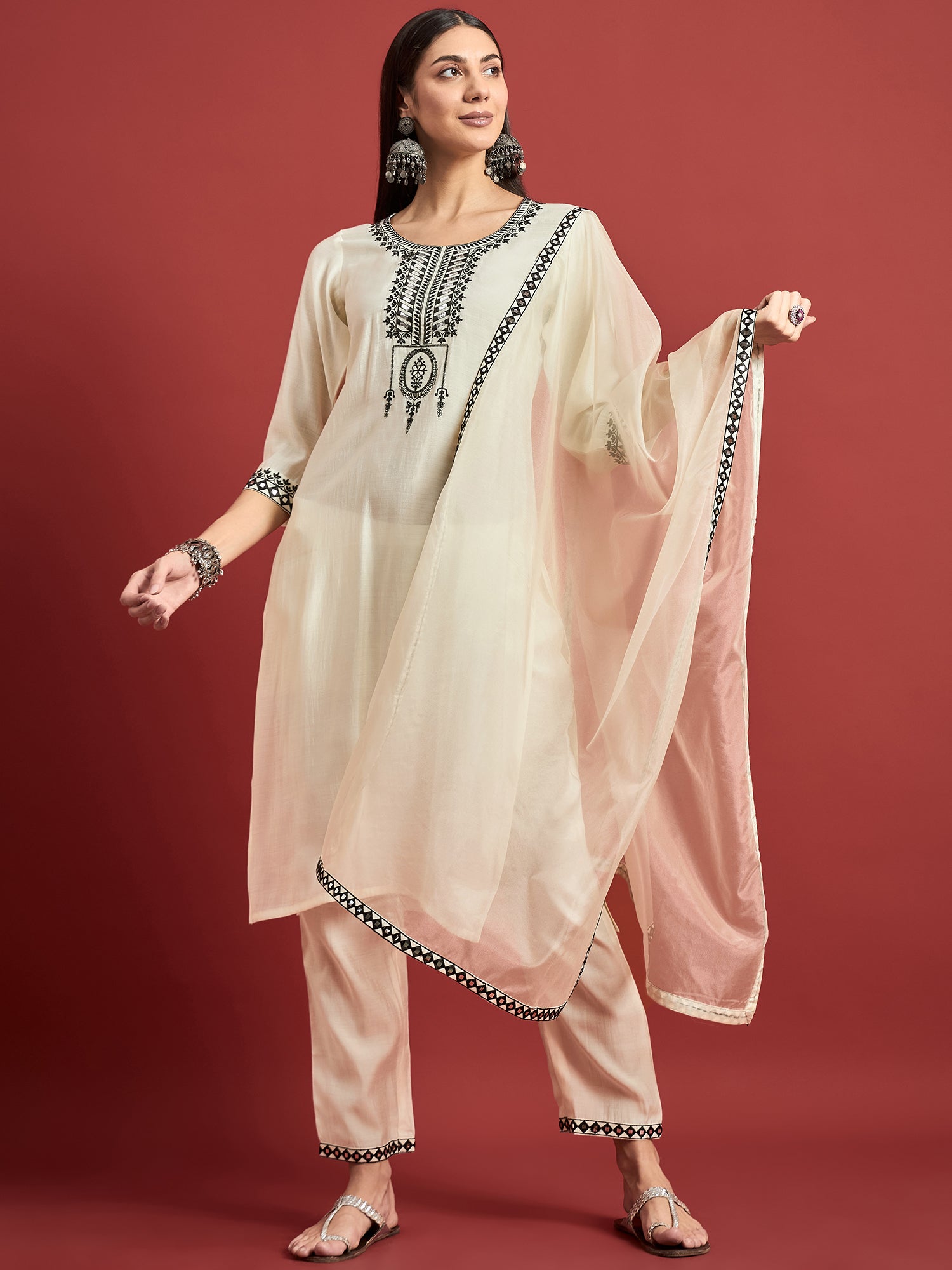 Off White  Art Silk Printed A-Line Kurta  Trouser