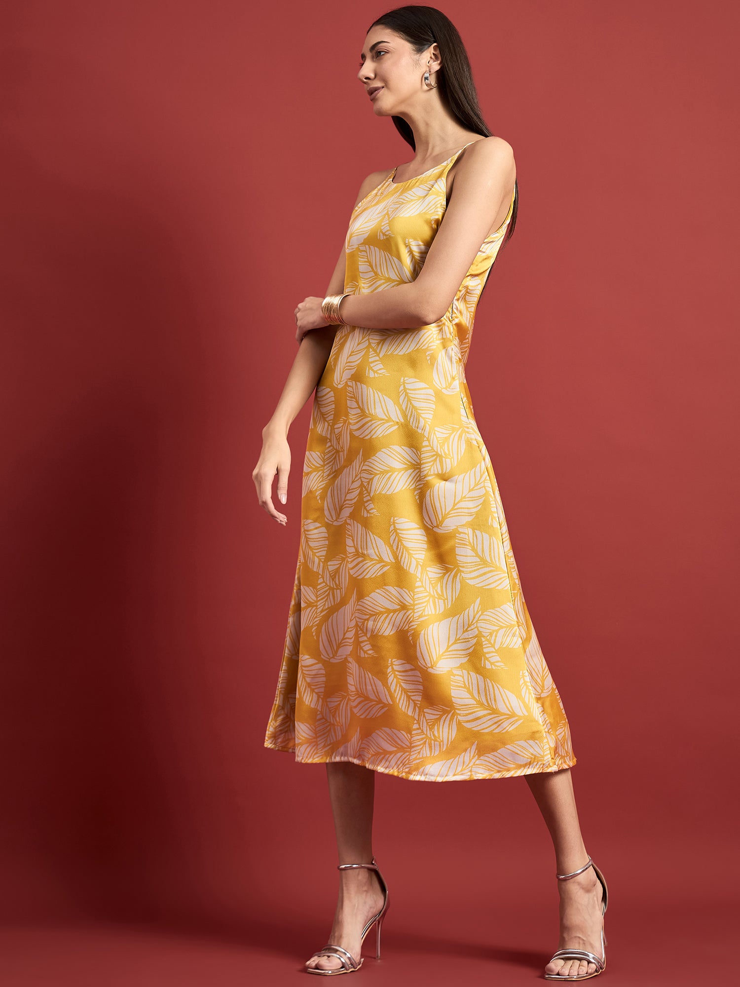 Mustard Polyester Printed No Sleeves Floral Dress