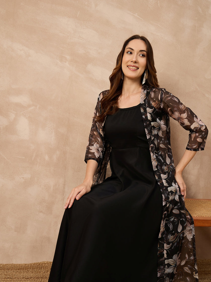 Black Silk Blend Solid A-Line Kurta Trouser With Floral Print Shrug