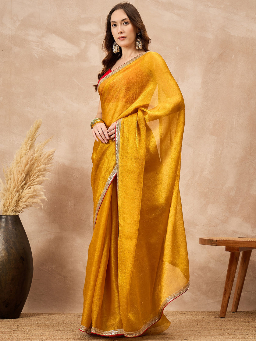 Yellow Poly Chiffon Solid with Embroidery Coding Border  Saree with Unstitched Blouse