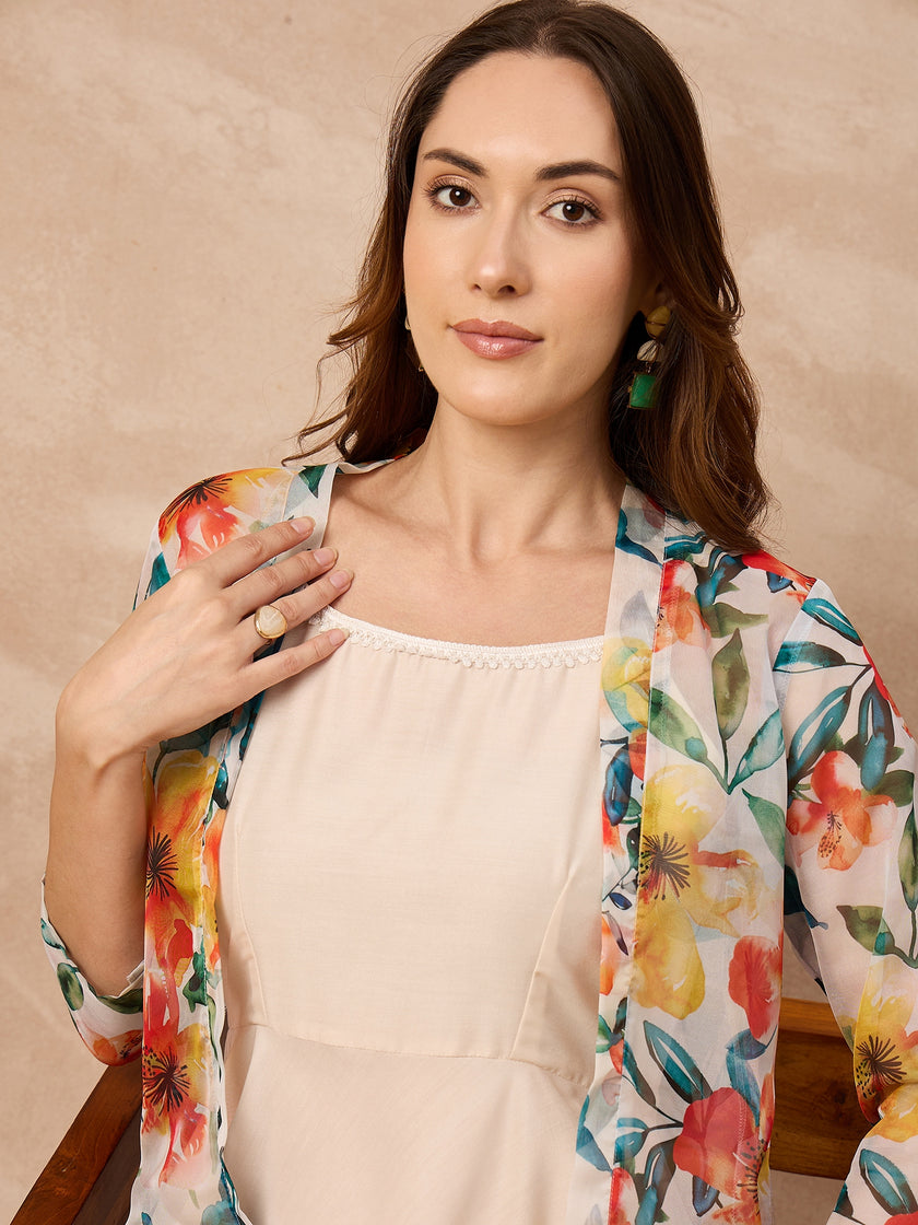 Off-White Silk Blend Solid A-Line Kurta Trouser With Floral Print Shrug