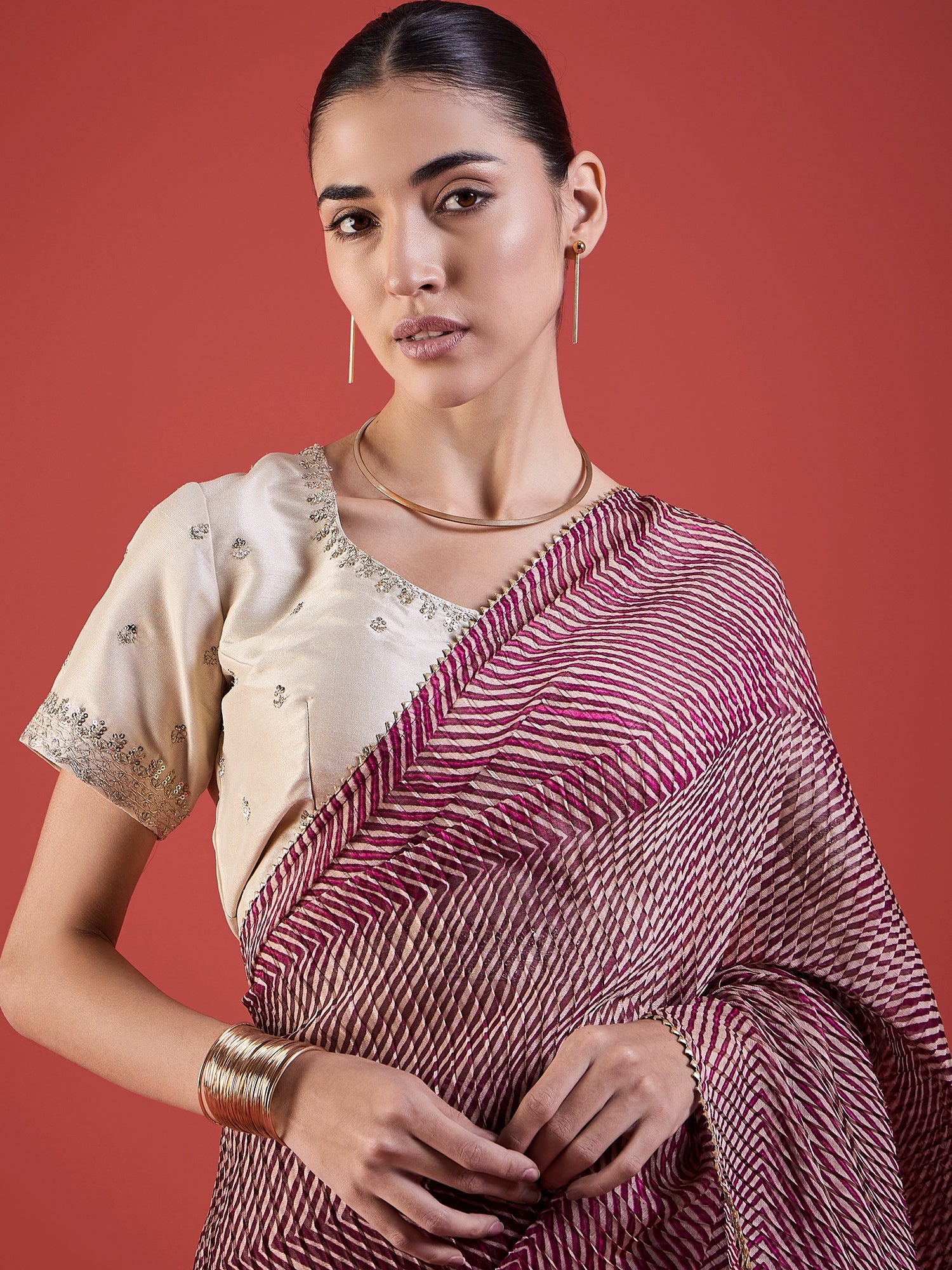 Wine  Pure Chiffon ZigZag Pattern Print With Embellished Lace Saree with Unstitched Fancy Blouse