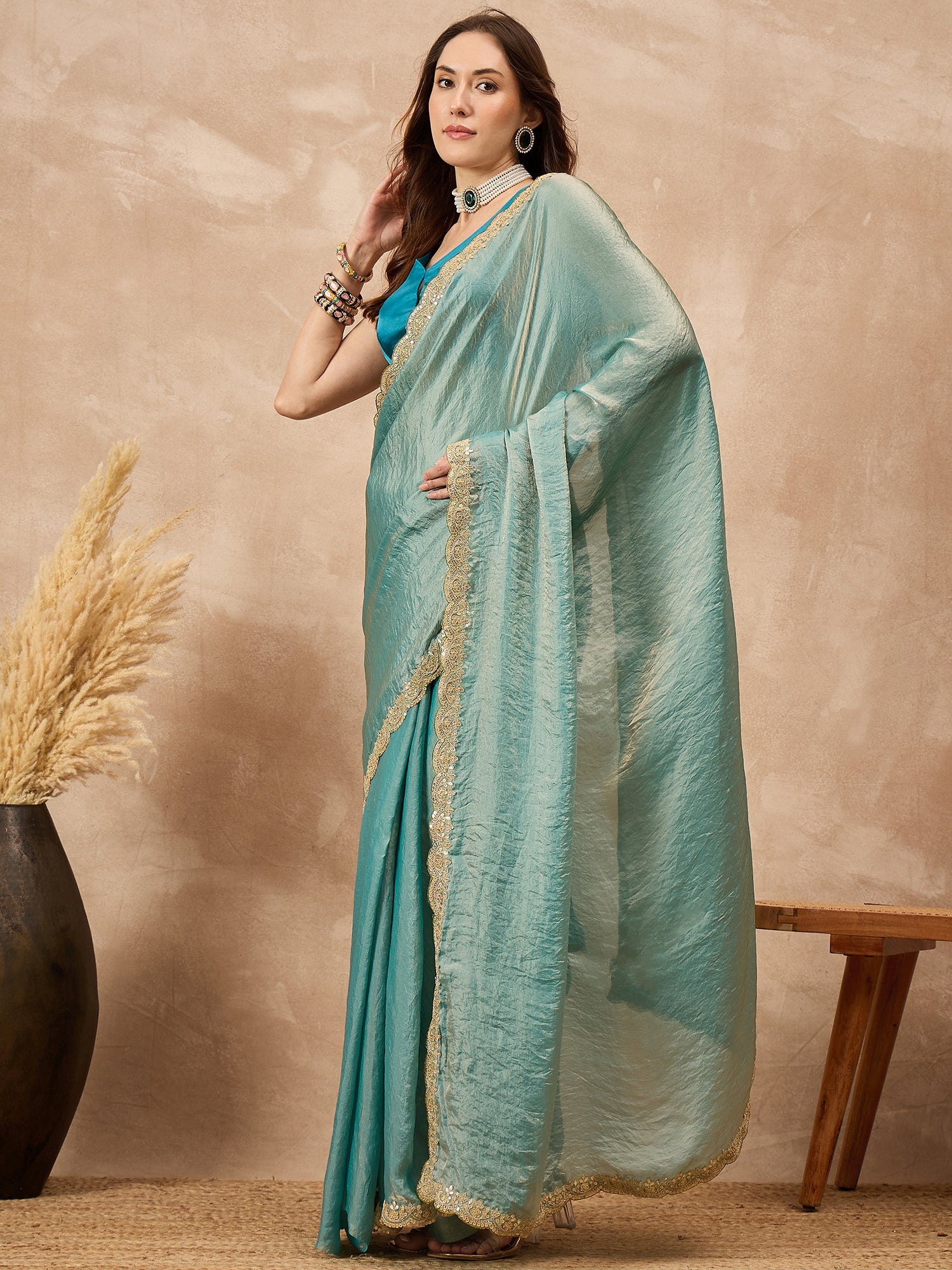 Blue Organza Solid with Gota Lace Saree with Unstitched Blouse
