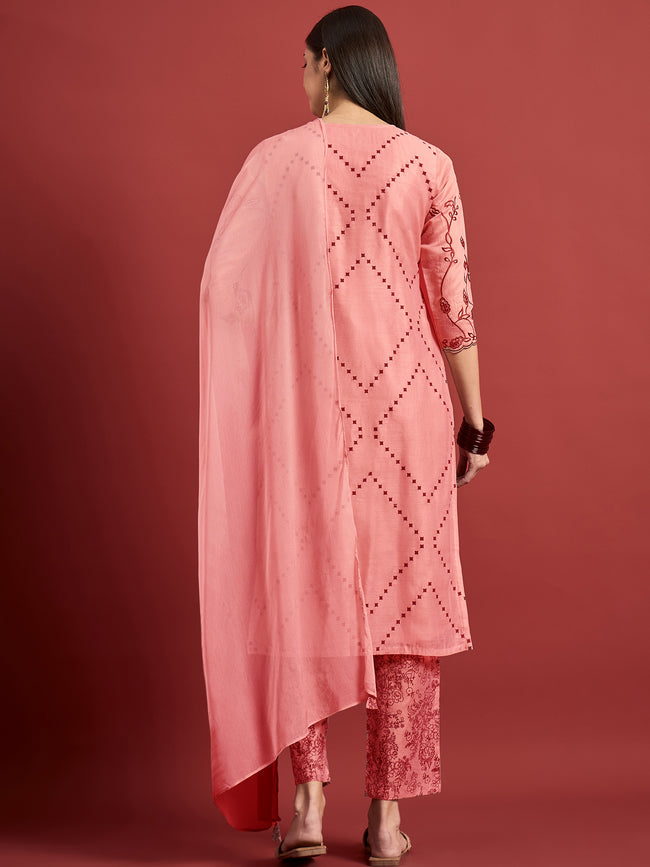 Peach  Silk Blend Printed A-Line Kurta  Trouser