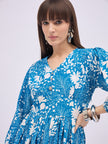 Turquoise Blue BLENDED Printed Ballon Sleeves Floral Dress