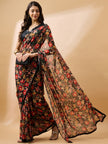 Black Georgette Floral Print with Embellished Lace Saree with Unstitched Fancy Blouse