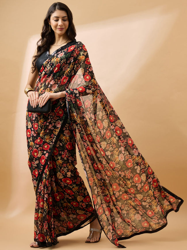 Black Georgette Floral Print with Embellished Lace Saree with Unstitched Fancy Blouse