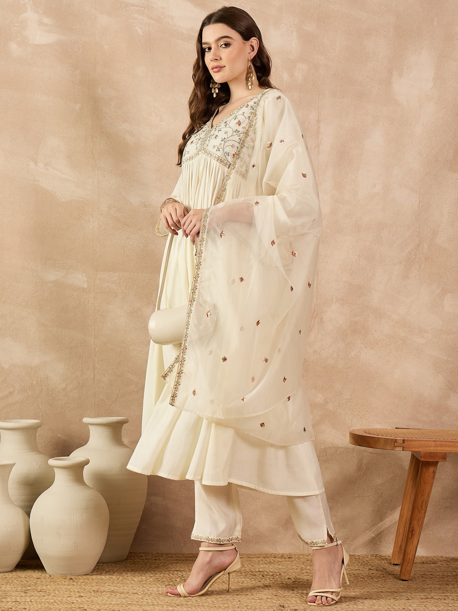 Off White  Silk Blend Embroideried A-Line Kurta Trouser