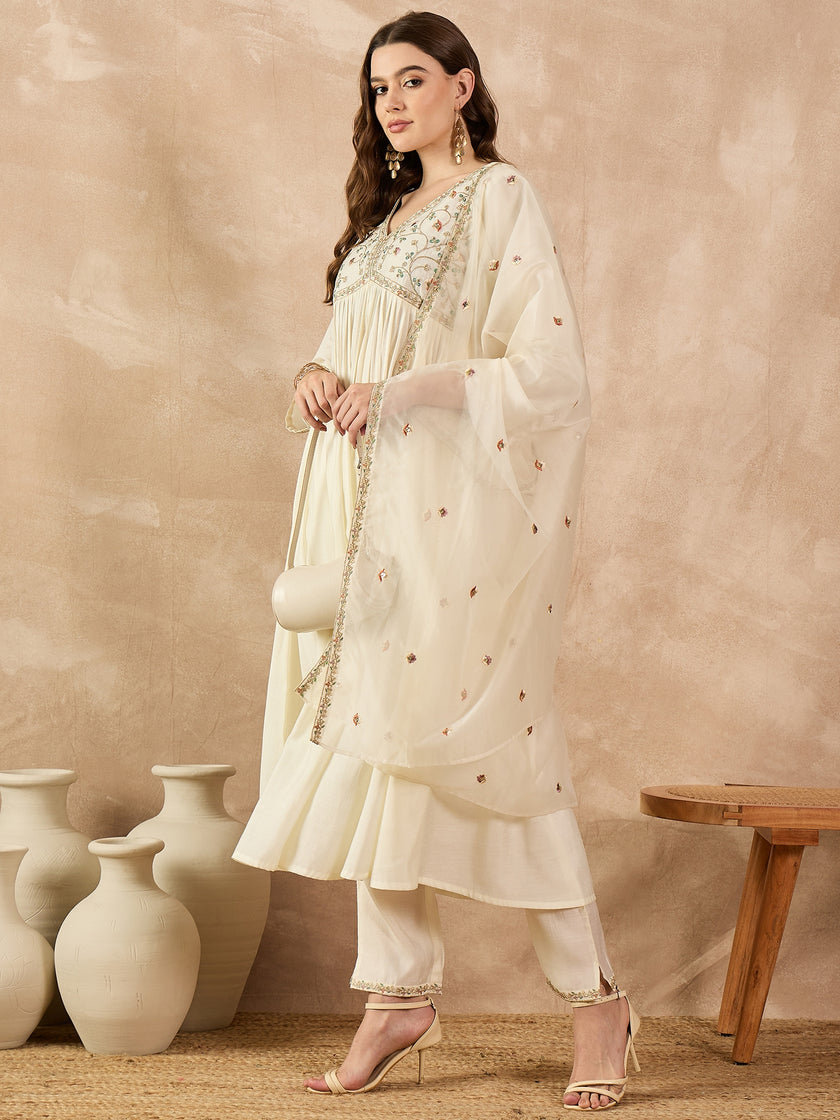 Off White  Silk Blend Embroideried A-Line Kurta Trouser