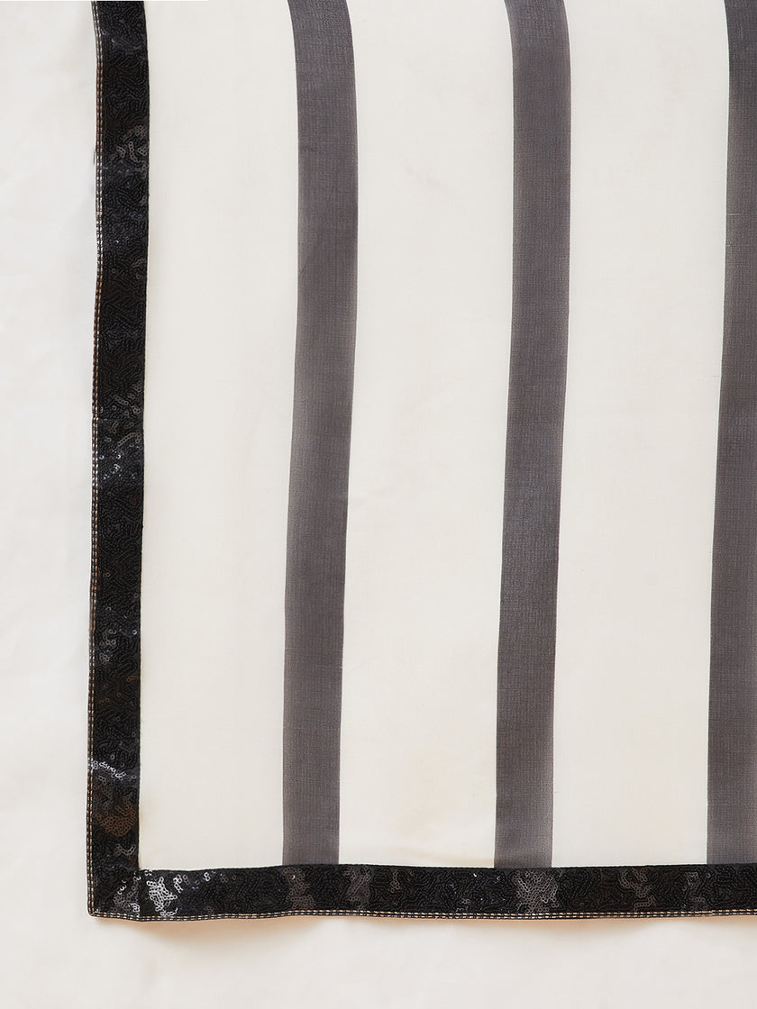 Multicolour Georgette Stripes Print With Embellished Lace Saree with Unstitched Fancy Blouse