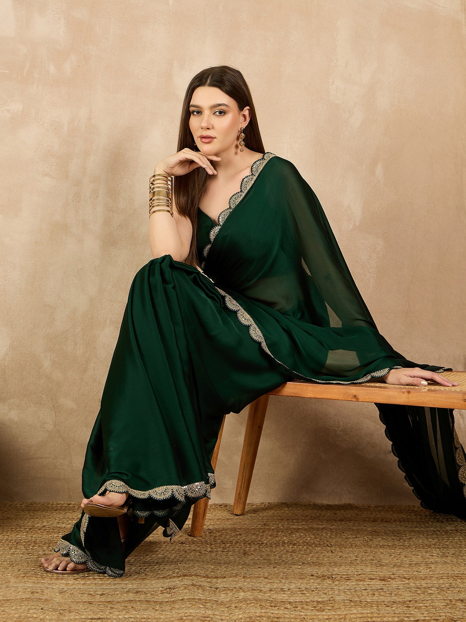 Green Satin Solid With Embellished Lace Saree with Unstitched Fancy Blouse