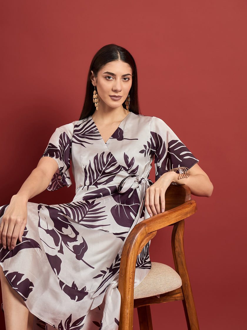 White Polyester Printed Flutter Sleeves Tropical Dress