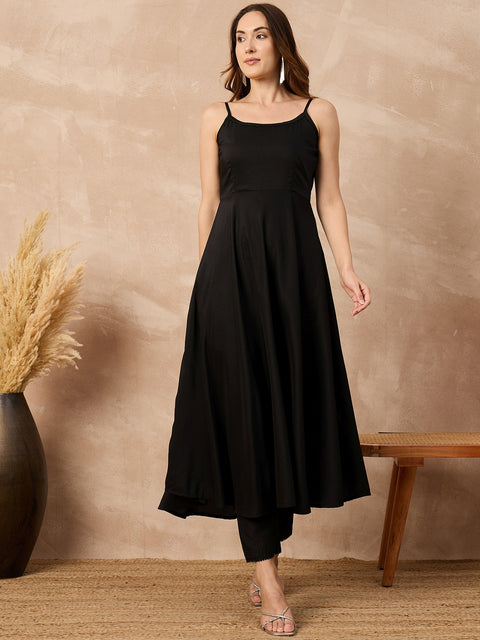 Black Silk Blend Solid A-Line Kurta Trouser With Floral Print Shrug