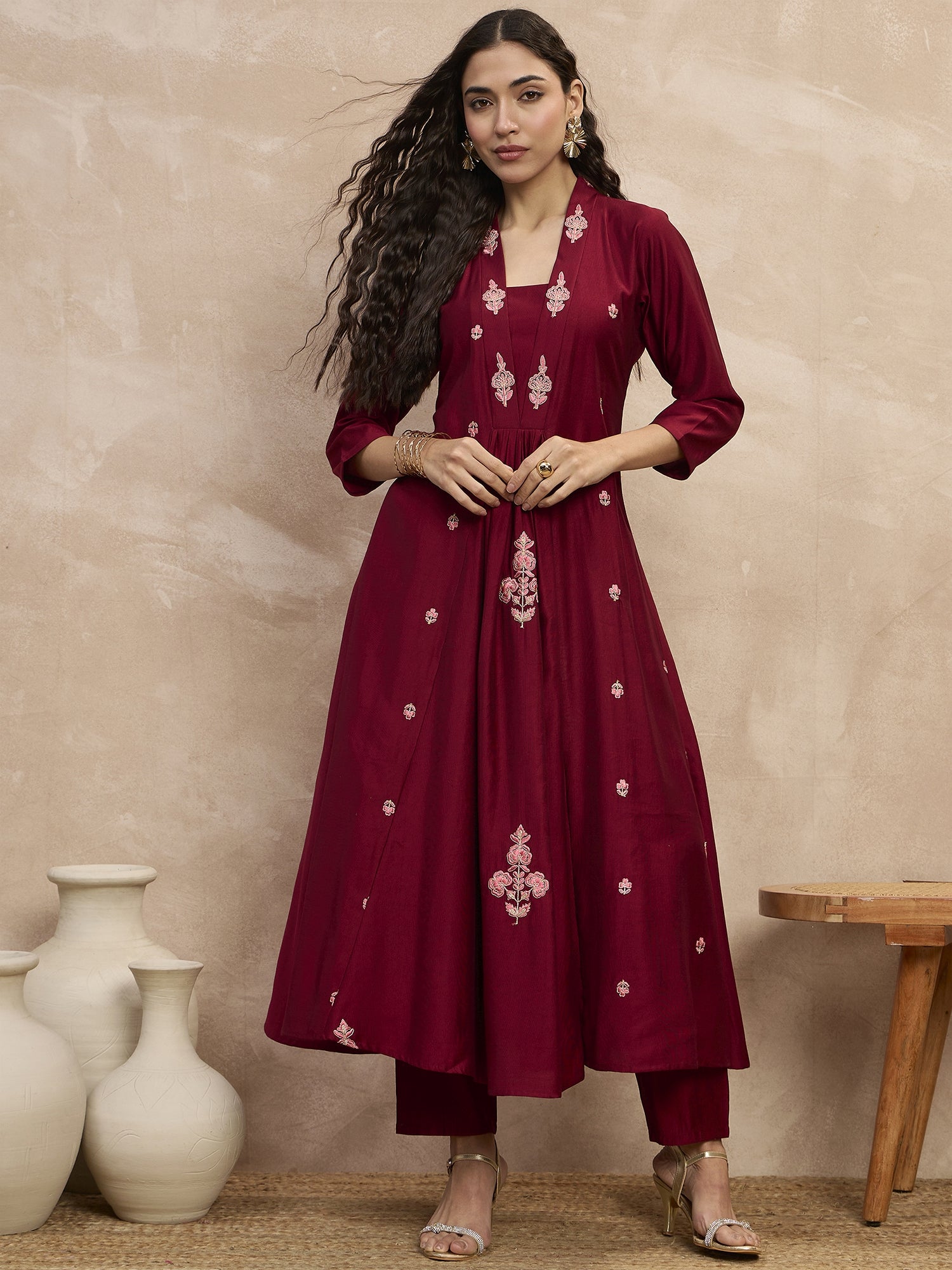 Maroon  Chinon Embroideried A-Line Kurta Trouser