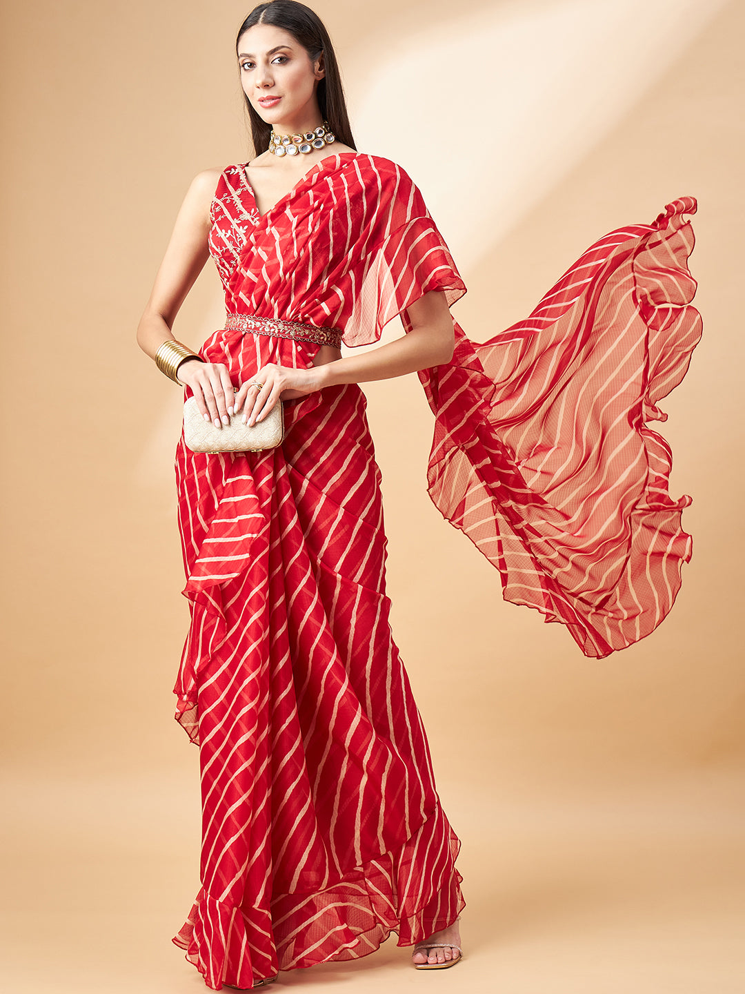 Red Pure Chiffon Lehariya Frill Printed saree with Unstitched Fancy Blouse with Belt