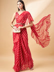 Red Pure Chiffon Lehariya Frill Printed saree with Unstitched Fancy Blouse with Belt