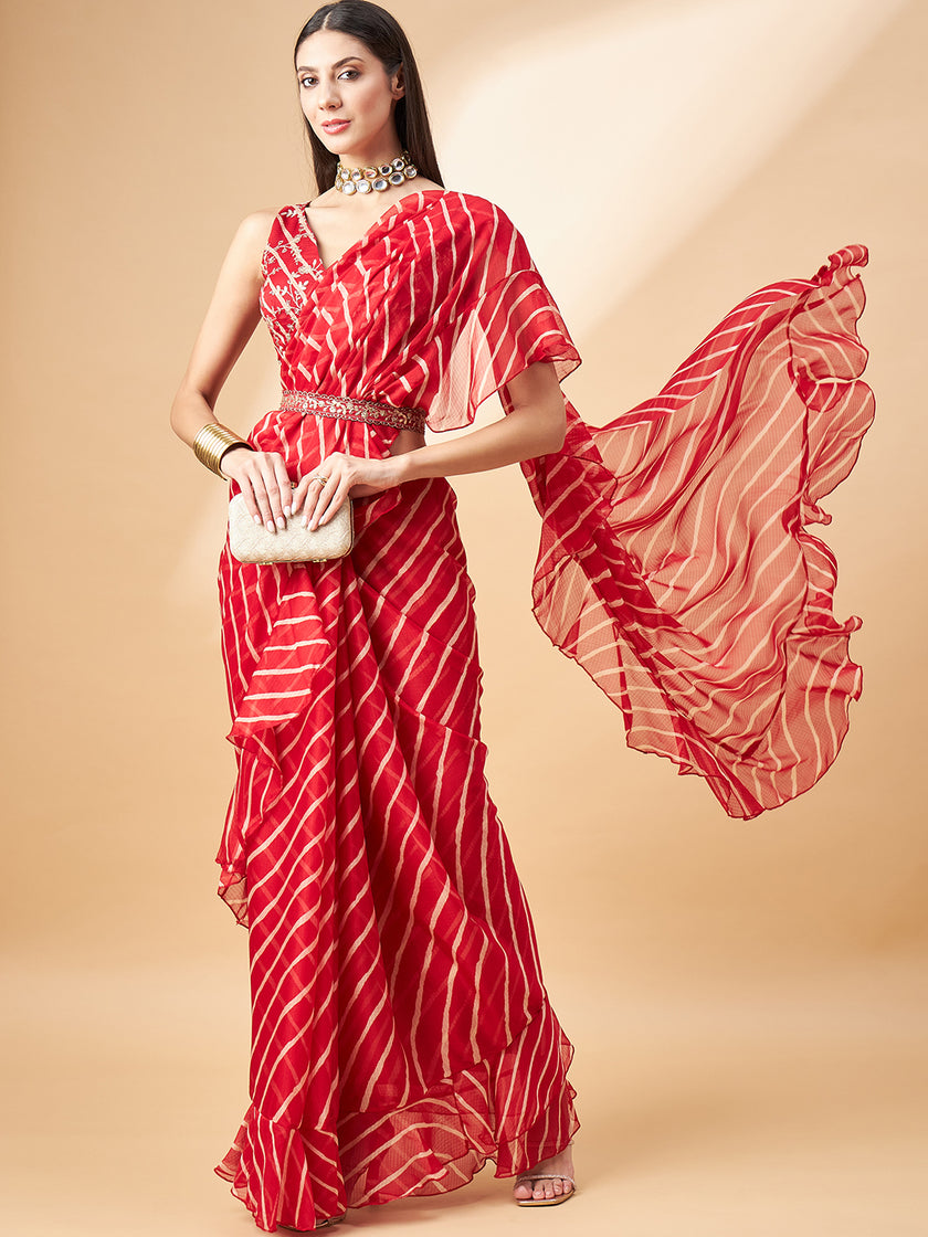 Red Pure Chiffon Lehariya Frill Printed saree with Unstitched Fancy Blouse with Belt