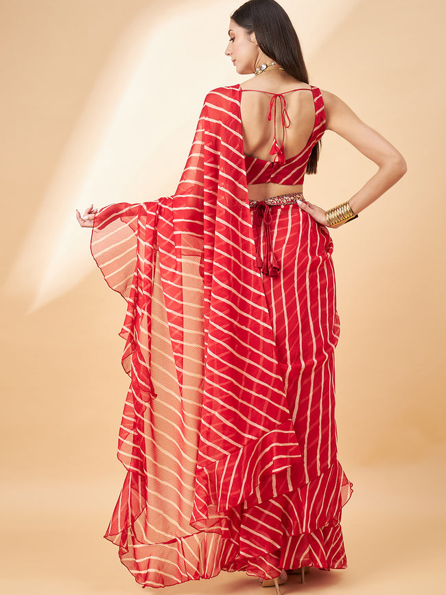 Red Pure Chiffon Lehariya Frill Printed saree with Unstitched Fancy Blouse with Belt