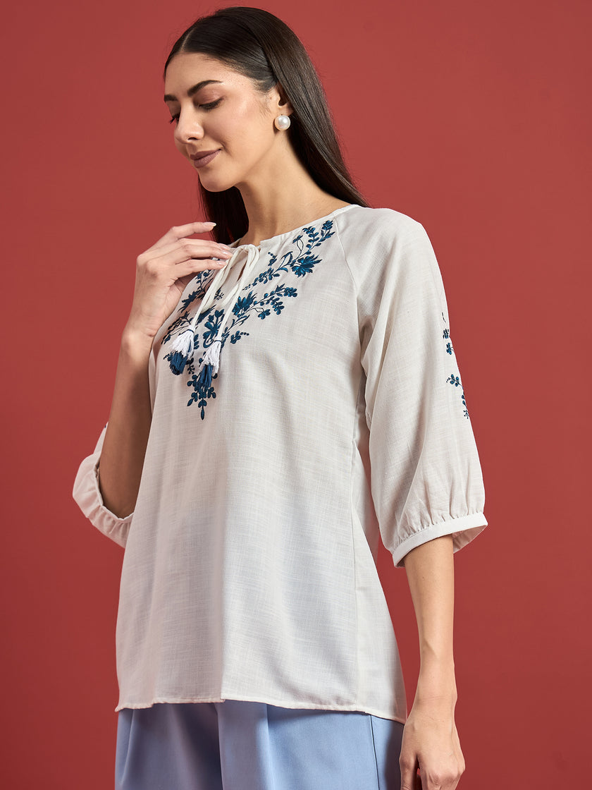 White Cotton Blend Embroidered Tie-Ups Regular Sleeves Ethnic Print Tops