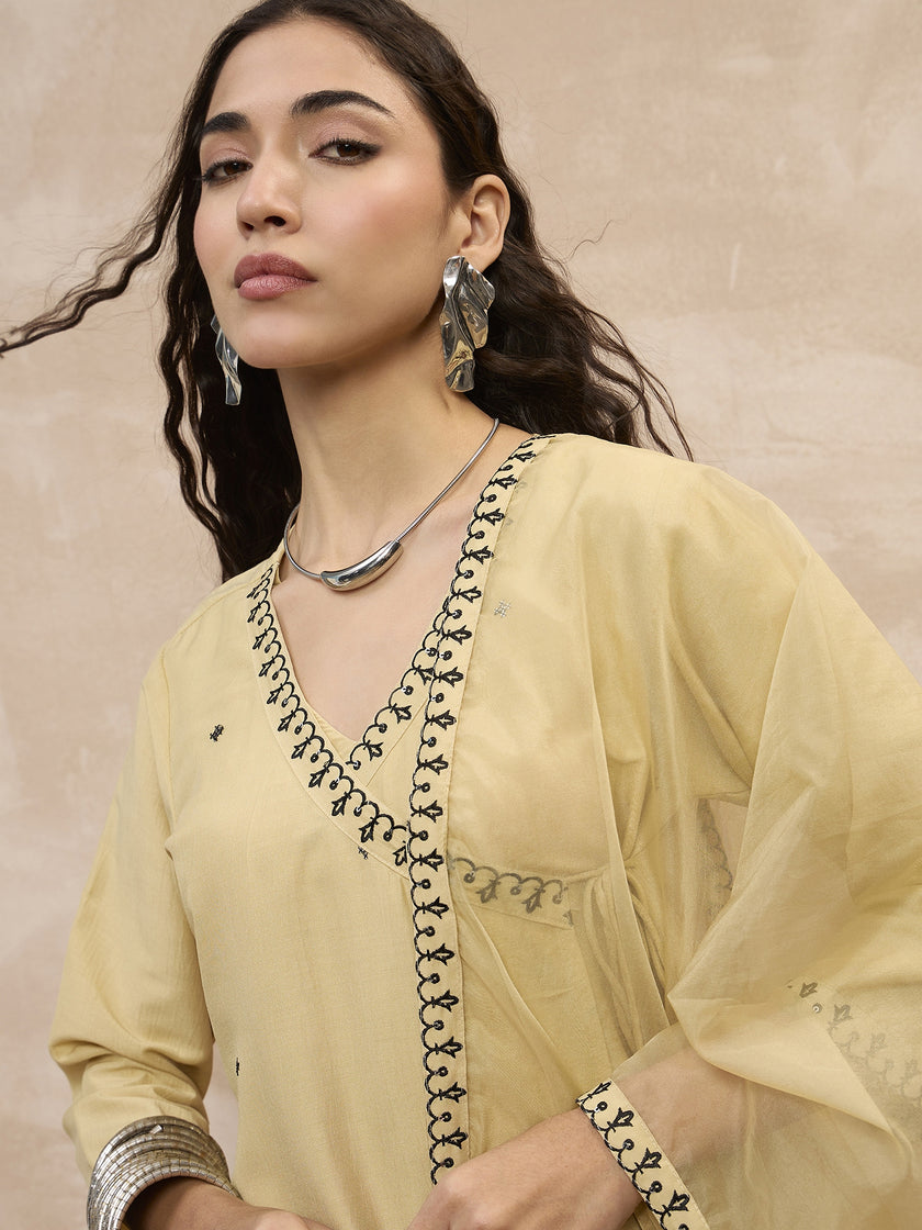 Beige  Chinon Embroideried A-Line Kurta Trouser