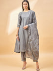 Grey Pure Cotton Solid A-Line Kurta Trouser  With Dupatta