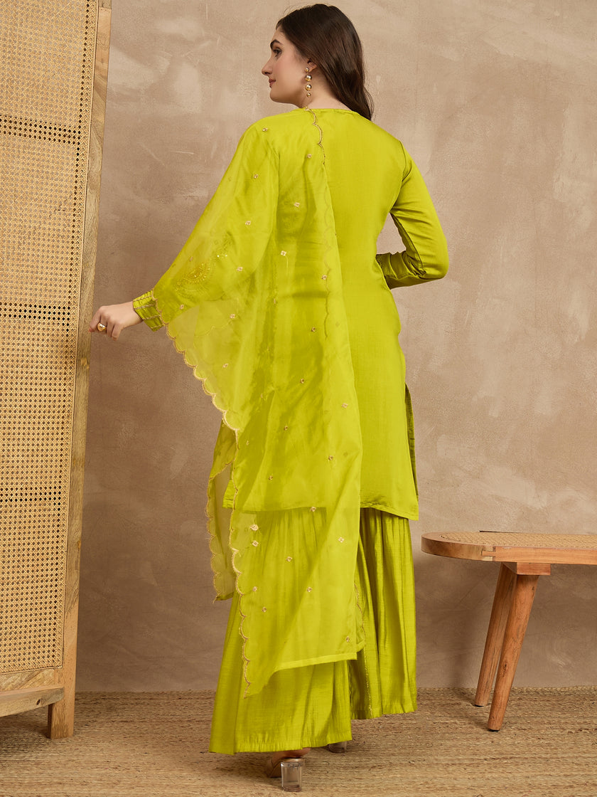 Yellow  Silk Blend Embroideried Straight Kurta Sharara