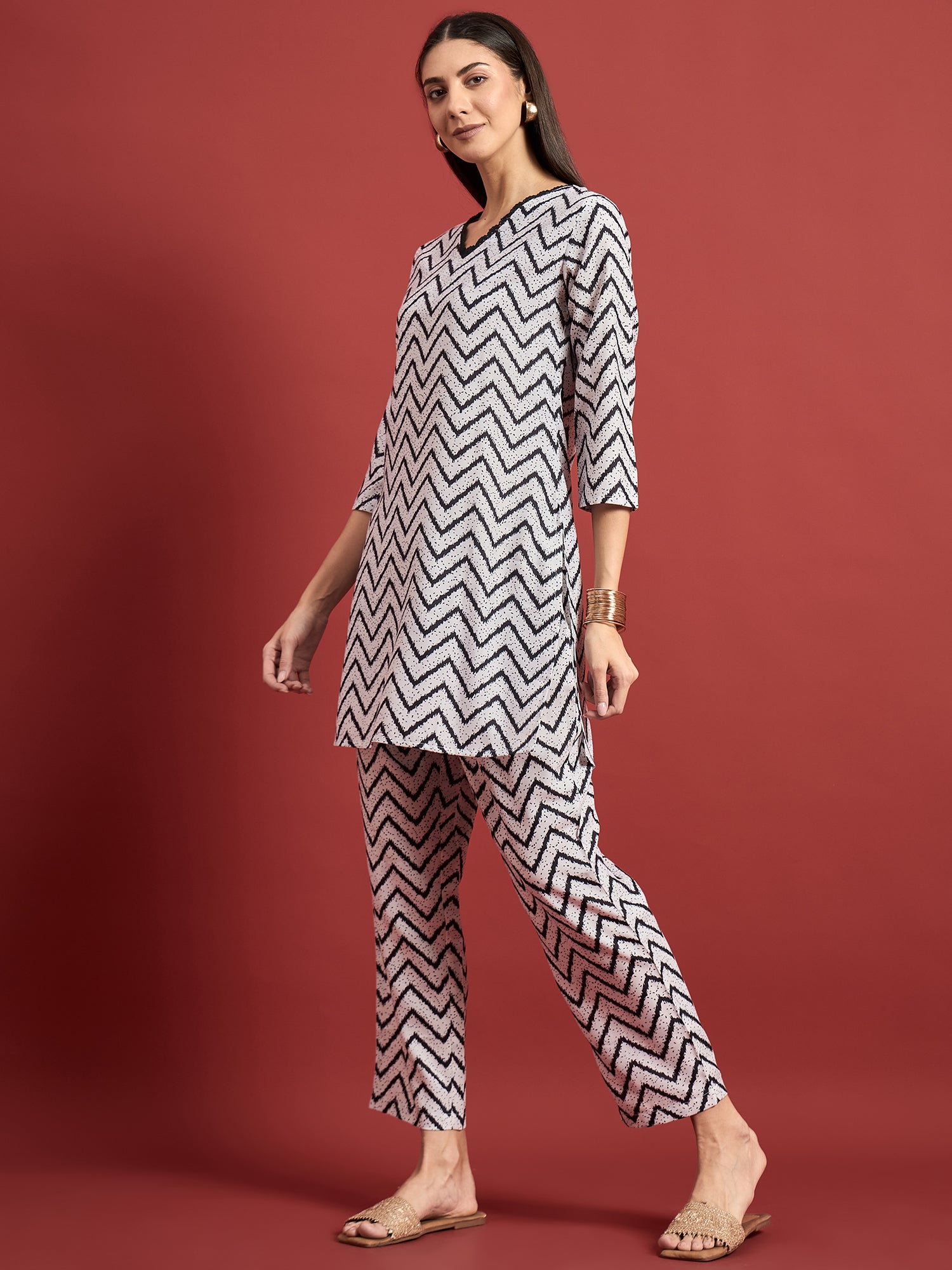 White  Silk Blend Printed A-Line Kurta  Trouser
