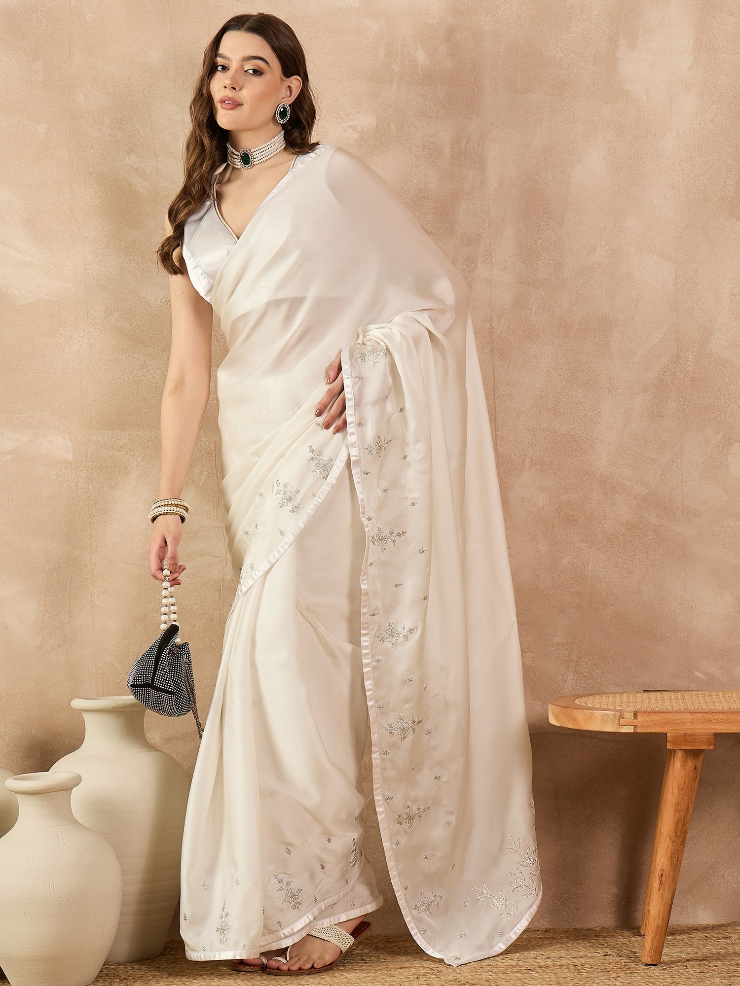 White Satin Solid With Coding Work Saree with Unstitched Fancy Blouse