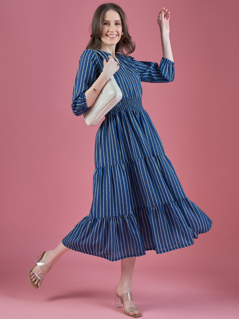 Blue Cotton Printed Puff Sleeves Striped Dress