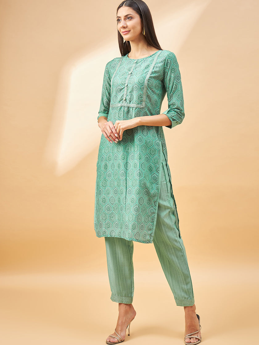Sea Green Cotton Blend Printed Straight Kurta Trouser