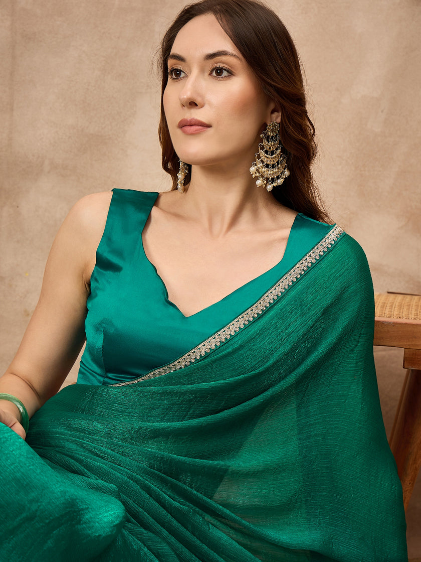 Rama Green Poly Chiffon Solid with Coding Border Saree with Unstitched Blouse