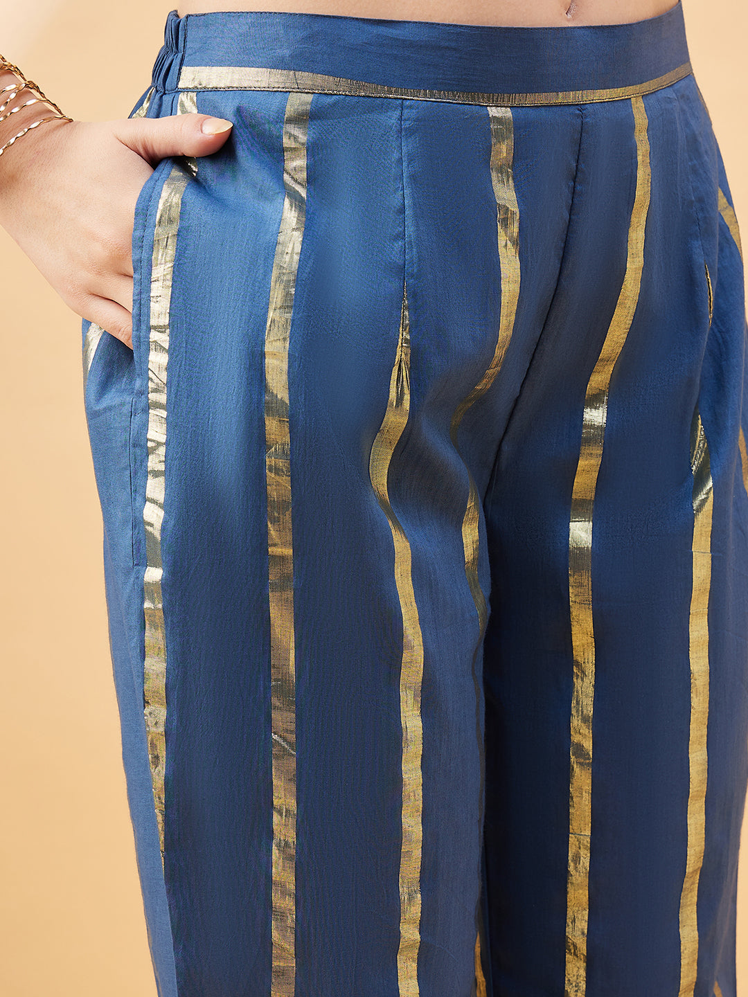 Blue  Cotton Blend Solid A-Line Kurta  Trouser
