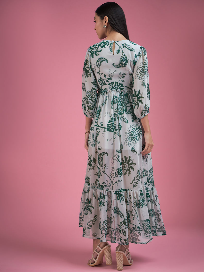 Multicolor Georgette Printed Cuffed Sleeves Floral Print Dress