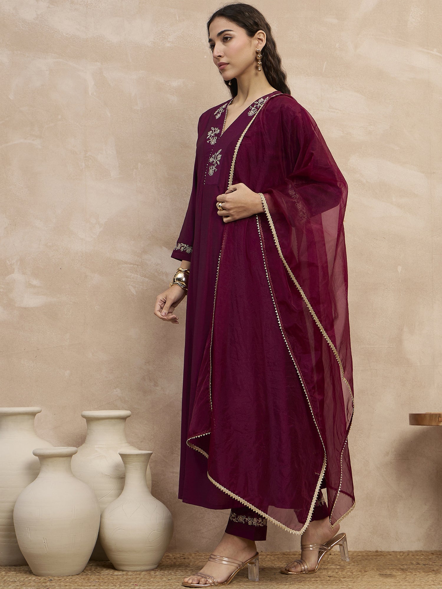 Wine  Chinon Embroideried A-Line Kurta Trouser