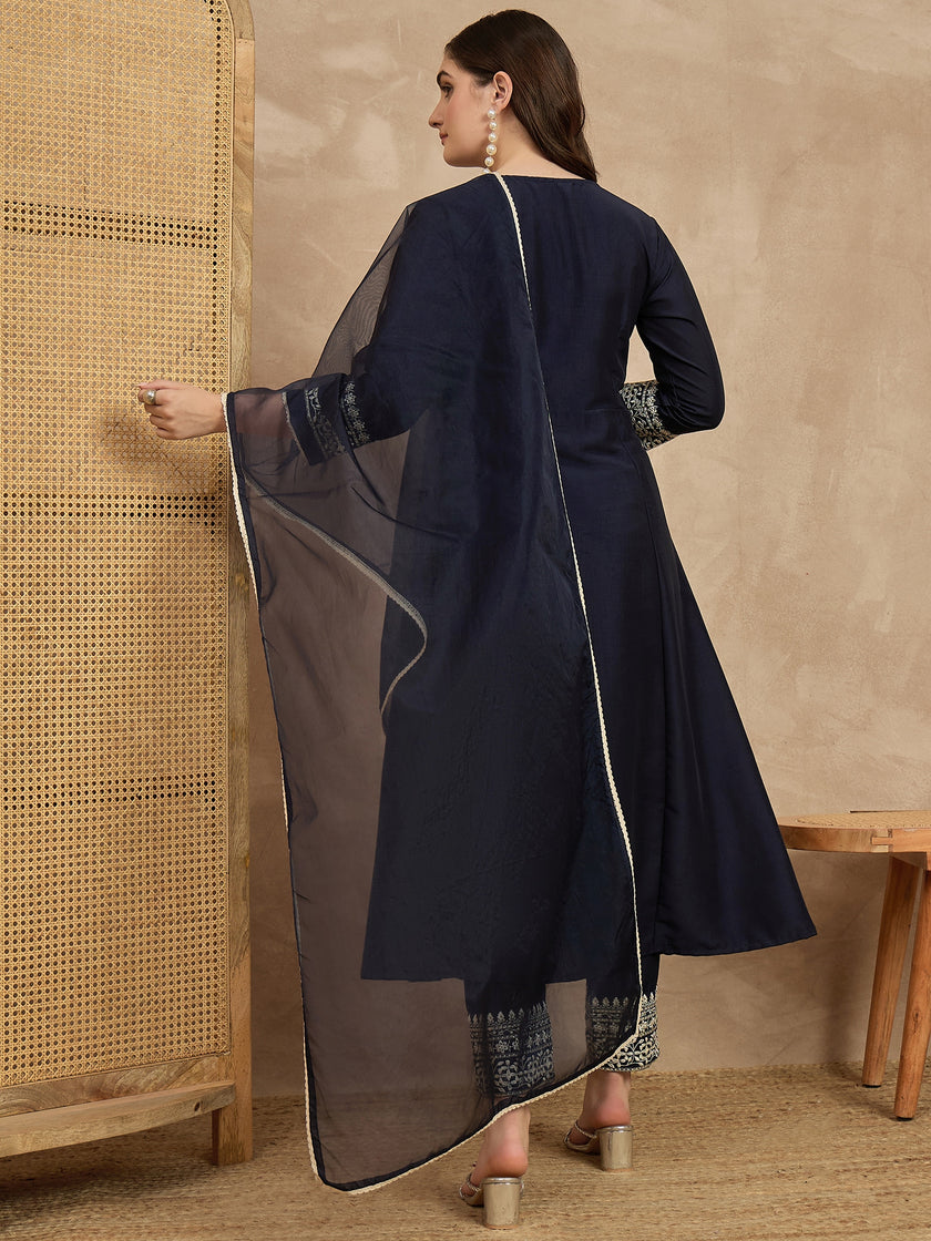 Blue  Chinon Embroideried A-Line Kurta Trouser