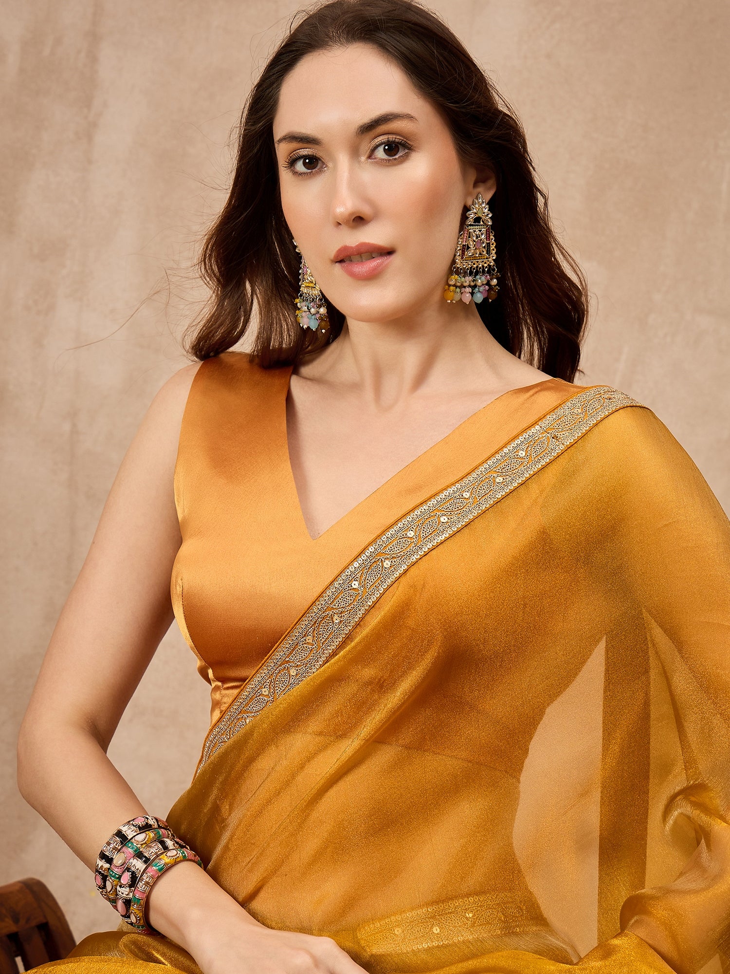 Yellow Satin Solid with Coding Border Saree with Unstitched Blouse