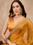Yellow Satin Solid with Coding Border Saree with Unstitched Blouse