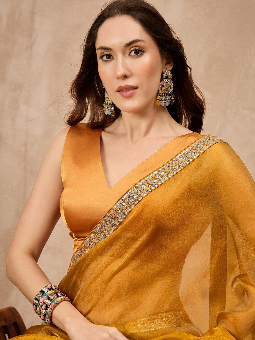 Yellow Satin Solid with Coding Border Saree with Unstitched Blouse