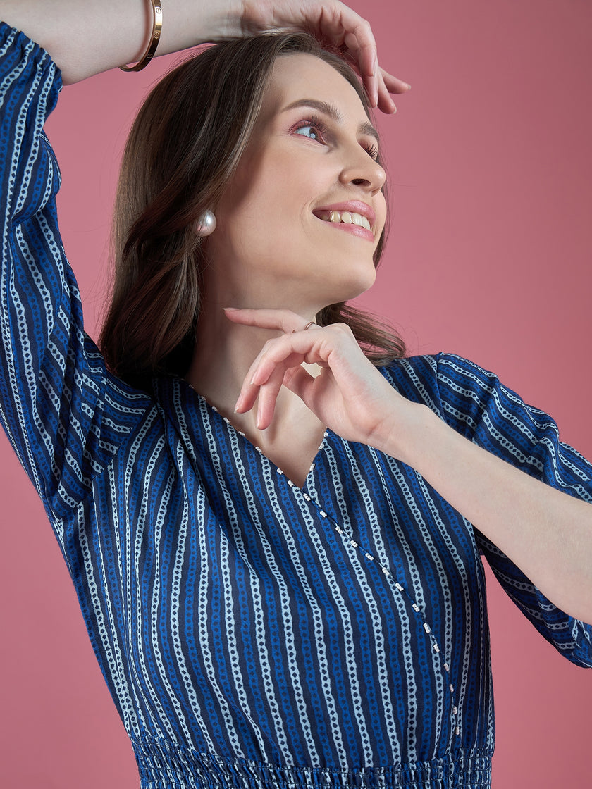 Blue Cotton Printed Puff Sleeves Striped Dress
