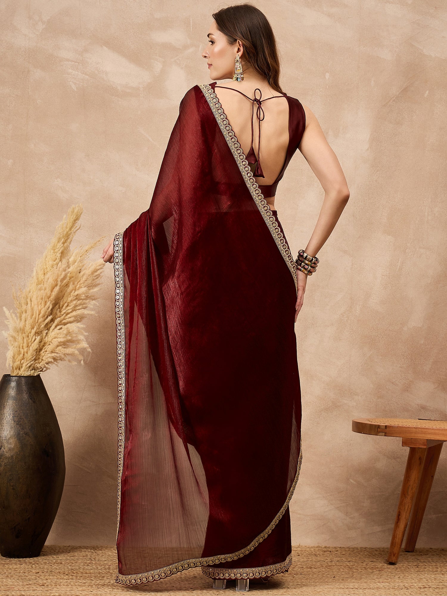 Maroon Satin Solid with Coding Border Saree with Unstitched Blouse